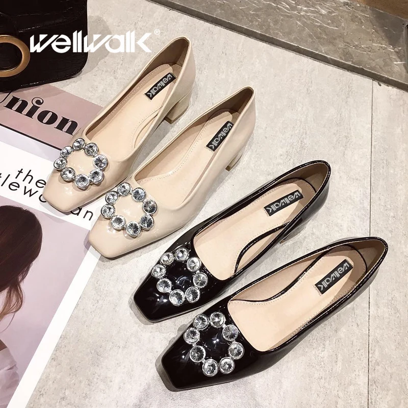 Wellwalk Black Black Pumps Women Bridal Shoes Ladies Elegant Sandals Female Heel Shoes Fashion Crystals Block Heel Pumps