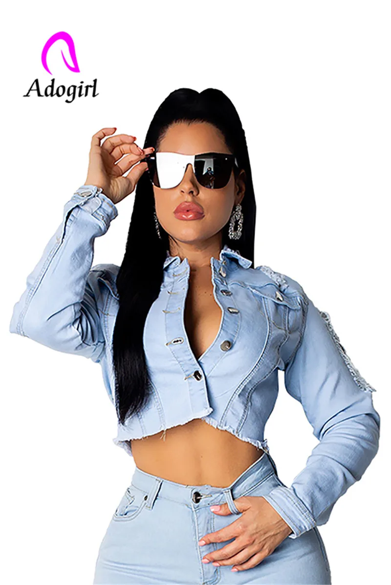 

Adogirl single breasted turn down collar denim jacket back hollow out denim solt jk sexy light blue cowboy clothing short coat