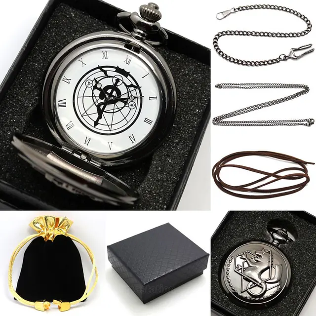 Black Silver Fullmetal Alchemist Quartz Pocket Watch Necklace Leather Chain Box Black Silver Fullmetal Alchemist Quartz Pocket Watch Necklace Leather Chain Box