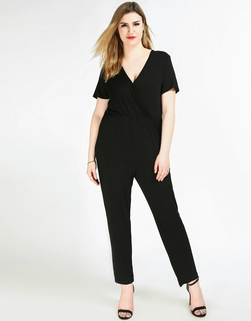 Women's Sexy V neck Plus Size Casual Jumpsuits Short Sleeve Solid Black ...