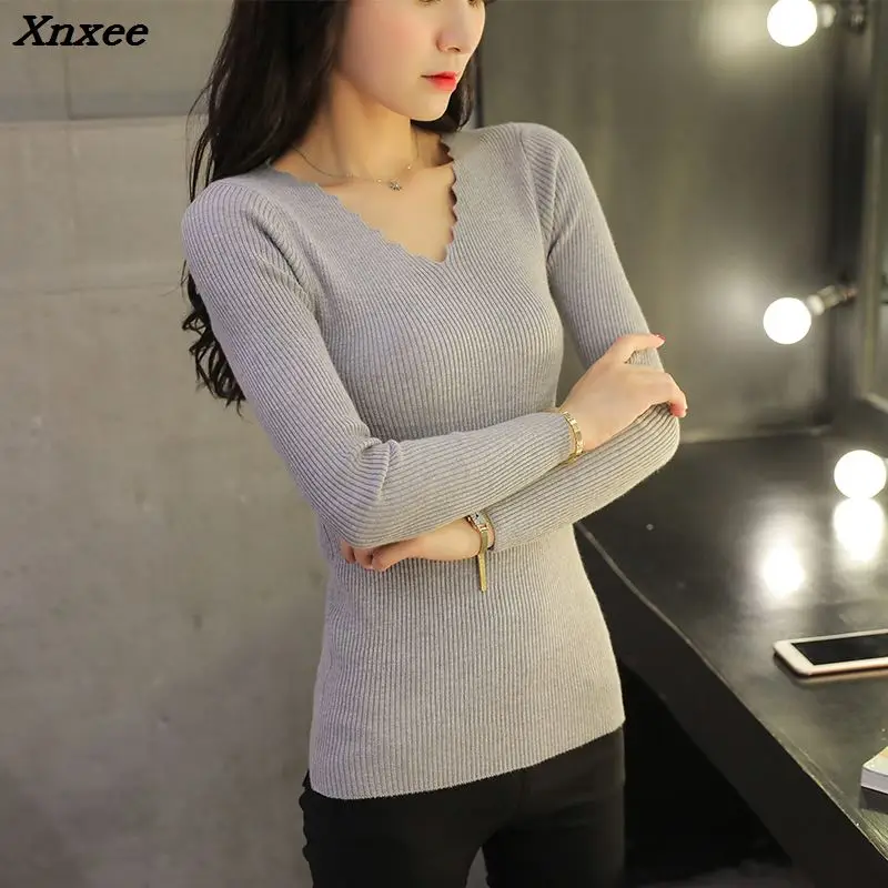 Pull Femme Hiver 2018 Autumn Winter Knitted Women Sweaters and Pullovers V Neck Long Sleeve Solid Slim Women Tops Chandail Femme