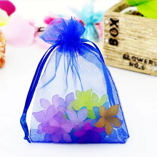 100 шт./лот, 7*9 см, Разноцветные сумки из органзы, маленький свадебный подарочный мешок, милый, с завязками, амулеты, конфеты, ювелирные изделия, упаковочный мешок, мешочки - Цвет: Синий