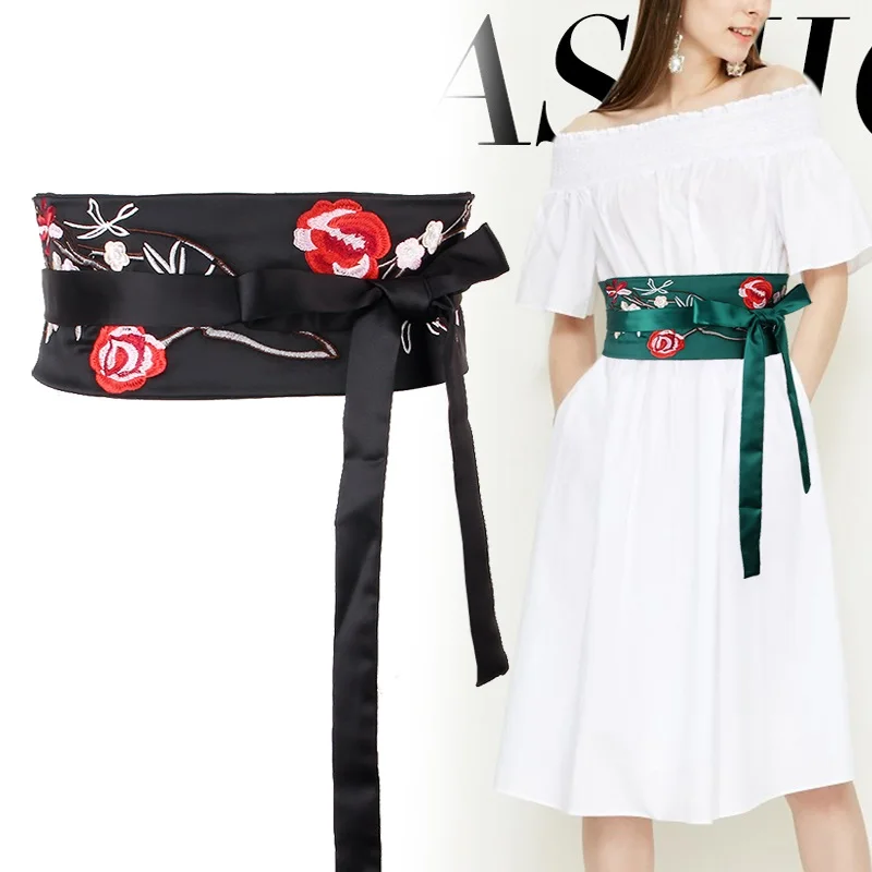 

Embroidered vintage girdle women's wide cloth belt straps Japanese style versatile tie