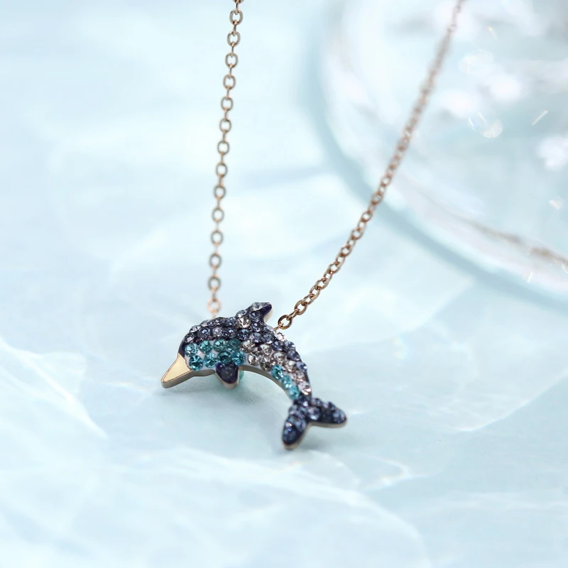 

YUN RUO 2018 Rose Gold Color Luxury Qualities Fashion Crystal Dauphin Pendant Necklace Titanium Steel Jewelry Woman Gift No Fade