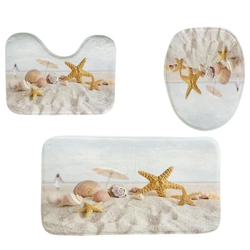

4Pcs Home Bathroom Decor Set Starfish Pattern Toilet Seat Cover Bath Mat Set+Waterproof Shower Curtain
