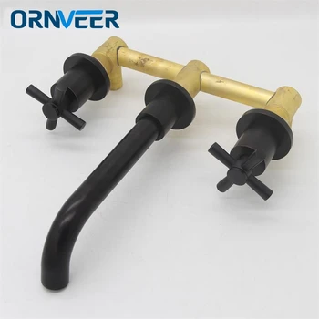 

2017 Modern Matte Black Finish Brass Double Handle Wall Mounted Bathroom Sink Faucet Hot & Cold Tap torneira de parede B002