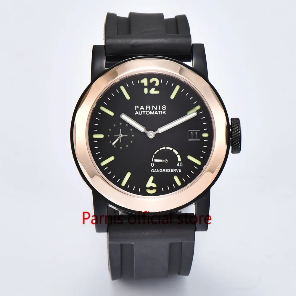 Casual 43mm Parnis Automatic Men Watch Black Dial Gold Bezel SeaGull Rubber Strap Wristwatche Luminous 10 ATM Mechanical Watch