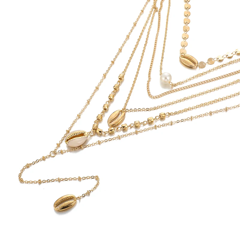 HuaTang Бохо золотые блестки оболочки жемчужное ожерелье s для женщин геометрическое многослойное ожерелье в виде цепи, ювелирные изделия воротник C19208
