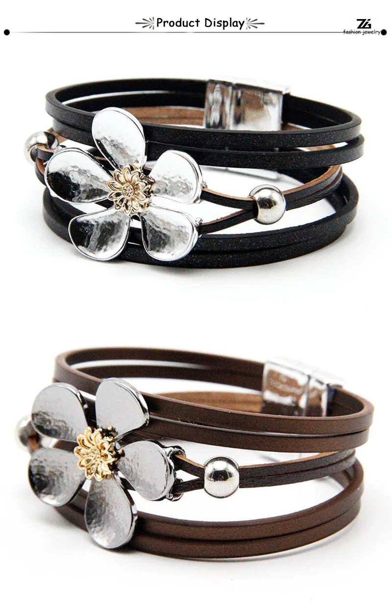 ZG многослойные кожаные браслеты для женщин Femme 4 цвета магнитная застежка цветок Богемный стиль браслет женские ювелирные изделия