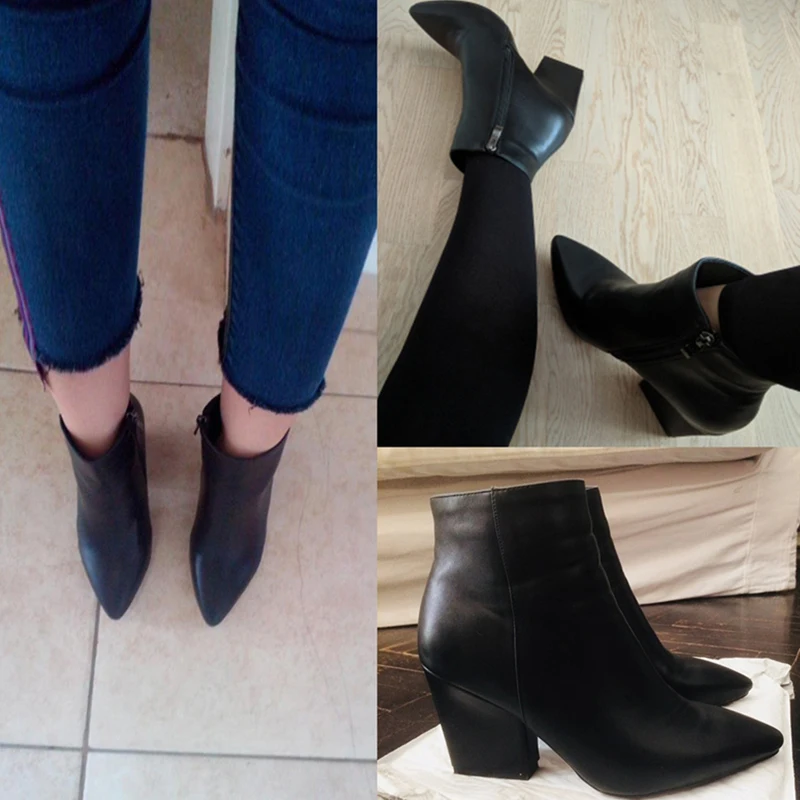 BONJOMARISA/размеры 32-43; Зимние ботильоны «Челси» с острым носком; коллекция года; женские черные ботинки из органической кожи; женская обувь на высоком каблуке