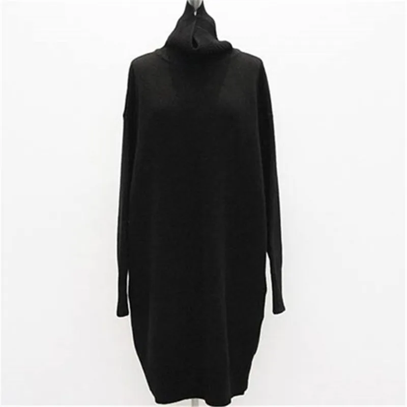 

100%cashmere thick knit women korean style high collar loose long pullover sweater dress solid color S-L