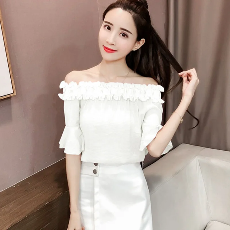 

2019 womens tops and blouses Ruffles Solid Slash Neck Vintage Blouse Off Shoulder Flare Sleeve Chiffon Blouse