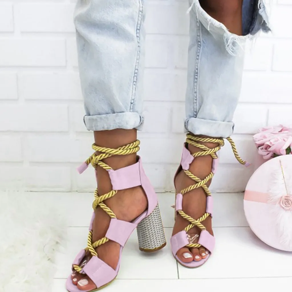 

Fashion Rope Cross-tied Gladiator Summer Sandals Lace Up Peep Toe High Heels Shoes Women Strappy Strip Sandals zapatos de mujer