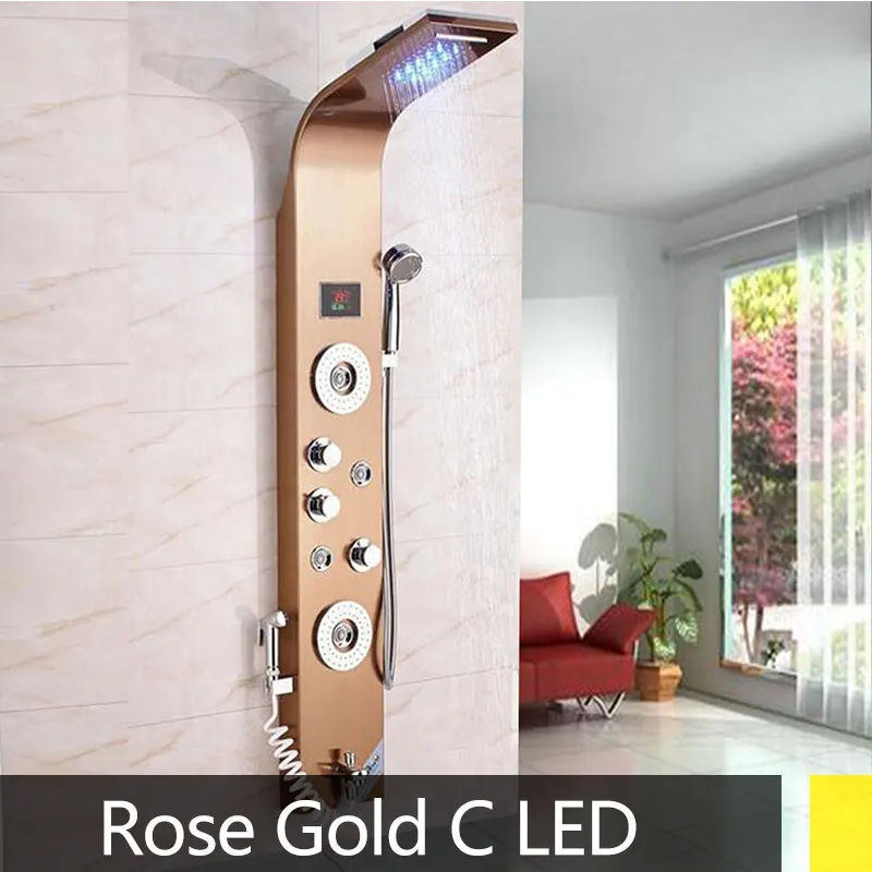 Suguword набор для ванной Душевой панели смеситель клапан кран светодиодный душ с дождевой насадкой спа с температурным дисплеем Душевая система - Цвет: Rose Gold 8006