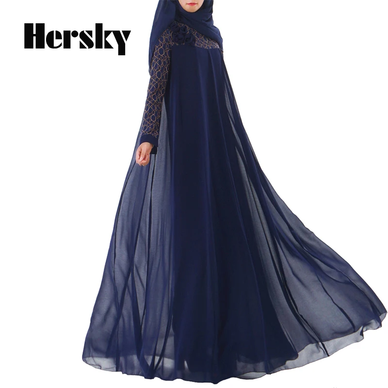 

Fashion Adult Muslim Double Layer Chiffon Lace Dress Islamic Turkish Long Sleeve Abayas Kaftan Musulmane Robe Clothing For Women