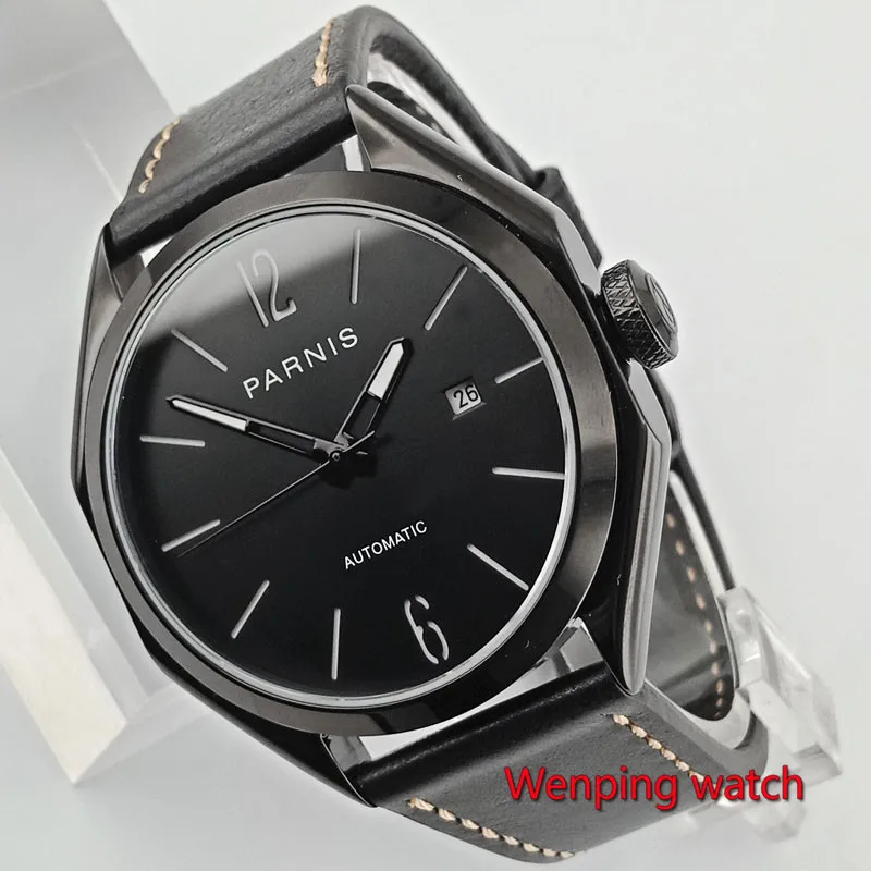 

43mm PARNIS men's Watch Black Dial Polygon PVD Coated Sapphire Glass Date gifts Leather strap Miyota 821A Movement W2772