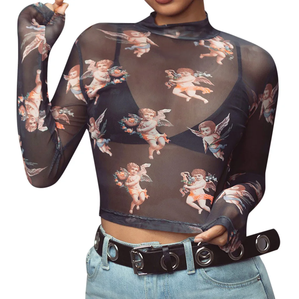 

Fashion Women T-shirt Turtleneck Long Sleeve Sheath O-Neck Stretch Soft Daily Small Angle Print Short Navel Top T-shirt Women