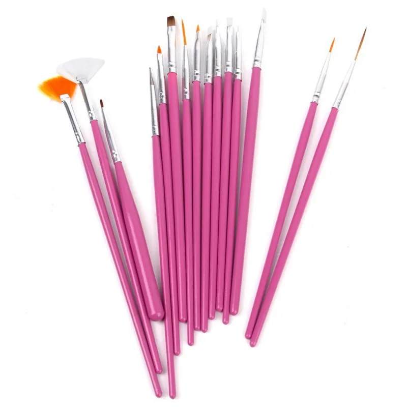 Brand 15 pcs Pink Professional Nail Art Brush Set Design Painting Pen