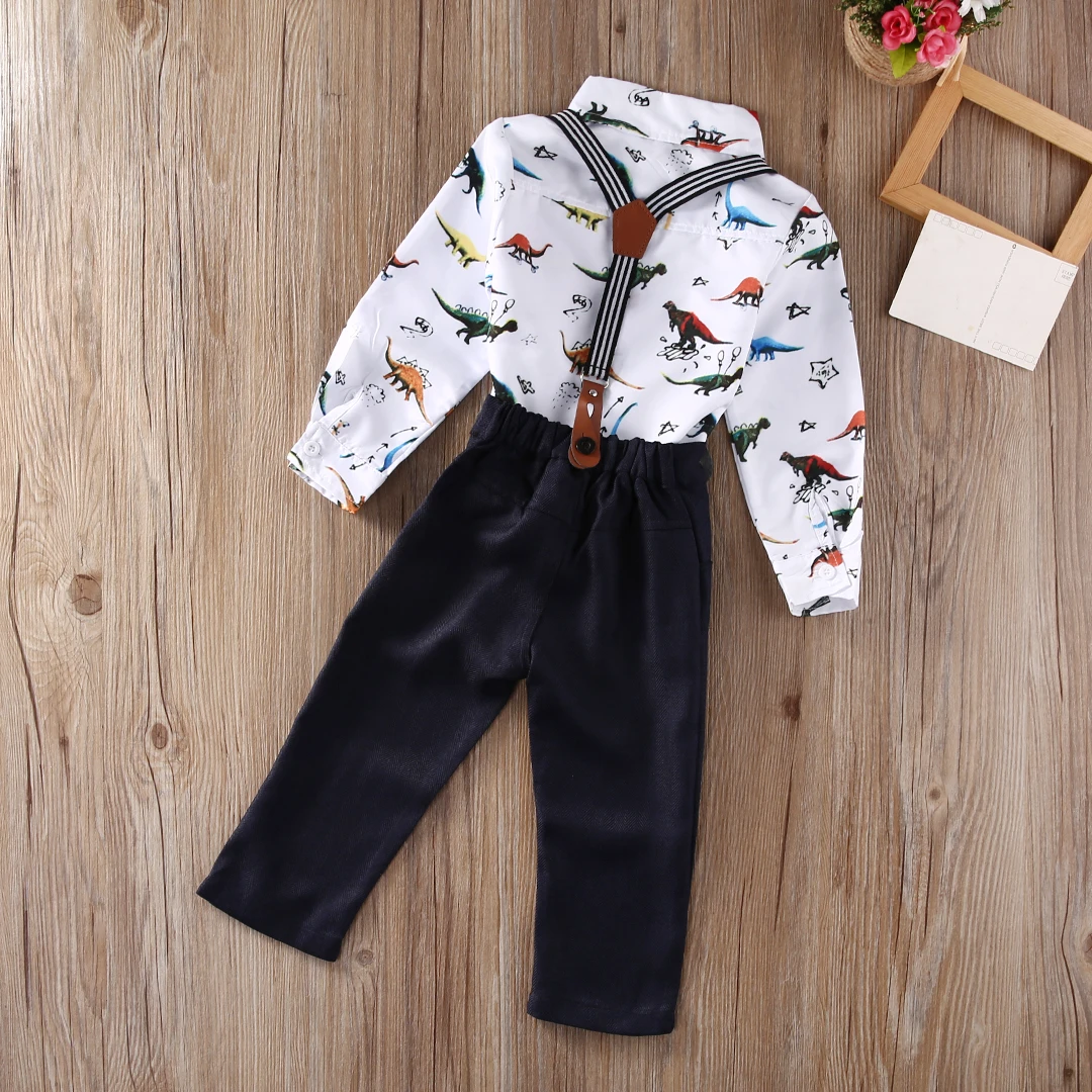 

Pudcoco Toddlers Boys clothes set Kids Long sleeve Shirt Dungarees For Kids boys Denim Bib Overall dinosaur trousers with braces
