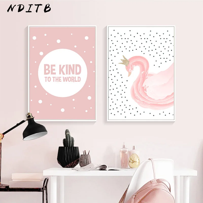 Розовый мультфильм лебедь танец девушка холст картина Kawaii настенные