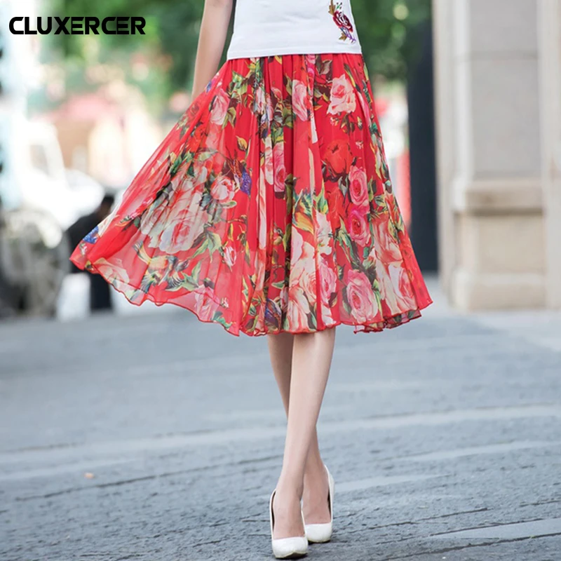 

Women Chiffon Skirt Knee Length Women Skirts Loose Boho Beach Skirt 2018 New Summer Fashion Skirts