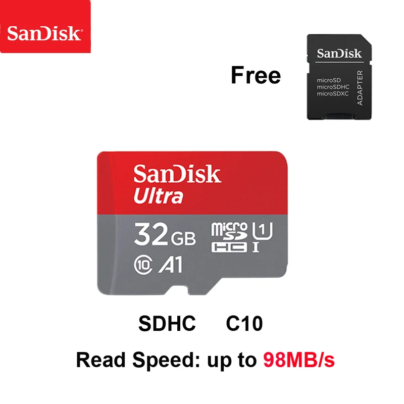 Двойной Флеш-накопитель SanDisk Micro SD карта, 16 ГБ, 32 ГБ, 64 ГБ, 128 ГБ, карта памяти, Макс 98 МБ/с. C10 U1 A1 флеш-карта памяти Micro SD для телефона компьютера SDXC карты памяти SDHC - Емкость: 32GB