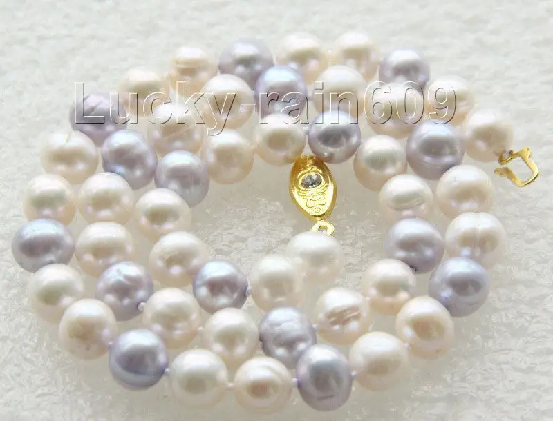 

Genuine 17" 9mm round white light blue freshwater pearls necklace e2192