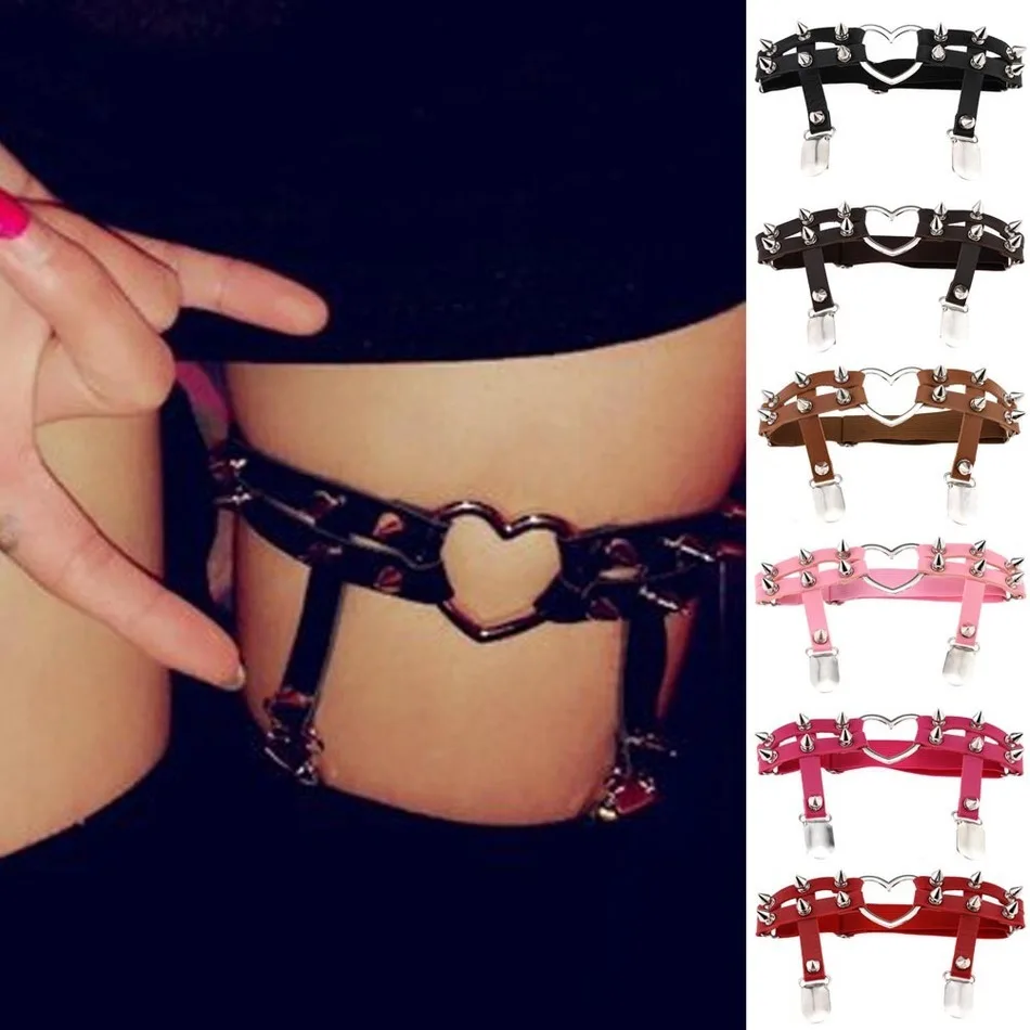 

Women Punk Leg Ring Harajuku Thigh Harness Heart Garter Rock Pub Girl Garter Belt Rivets Adjustable Size For Women Cosplay DW004