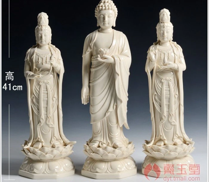 

17"Chinese Dehua Porcelain Western 3 Gods Kwan-yin Shakyamuni Buddha Statue Set