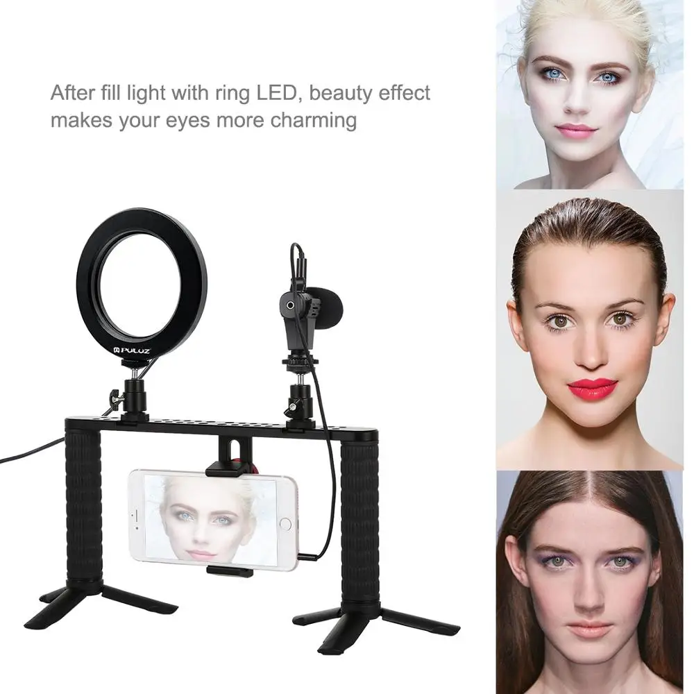  PULUZ 4 in 1 Vlogging Live Broadcast Ring LED Selfie Light Smartphone Video Bracket Kits+Microphone