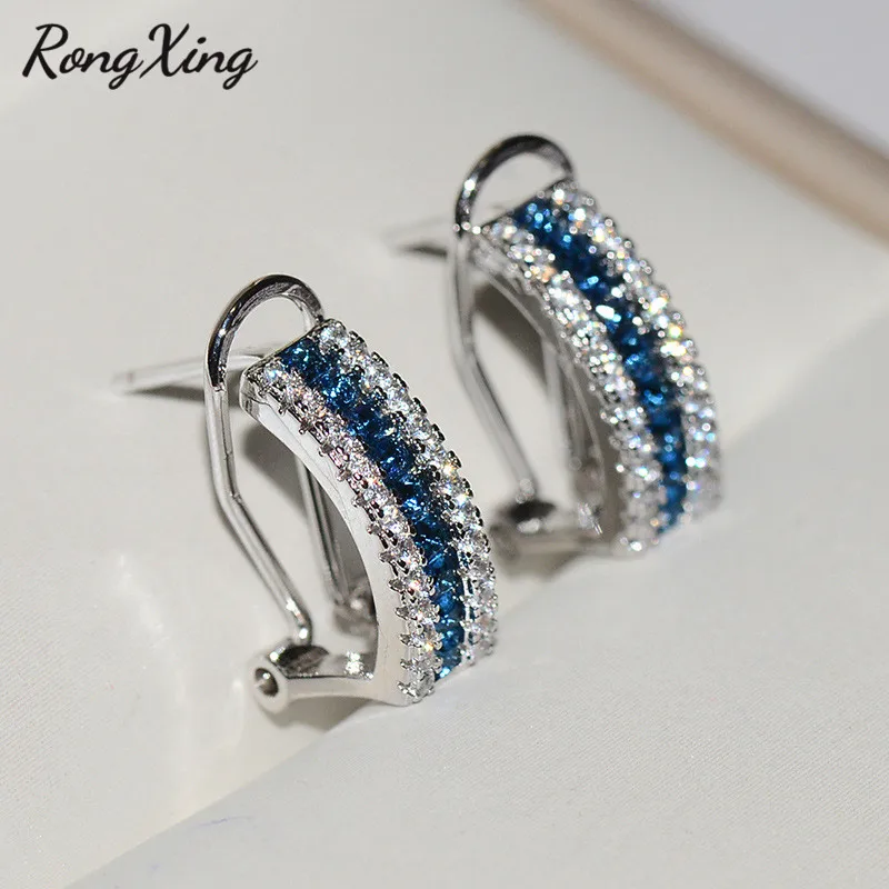 RongXing, очаровательные синие Кристальные серьги-кольца с цирконом для женщин, свадебные ювелирные изделия, 925 заполненные серебром CZ камень, женские изящные серьги