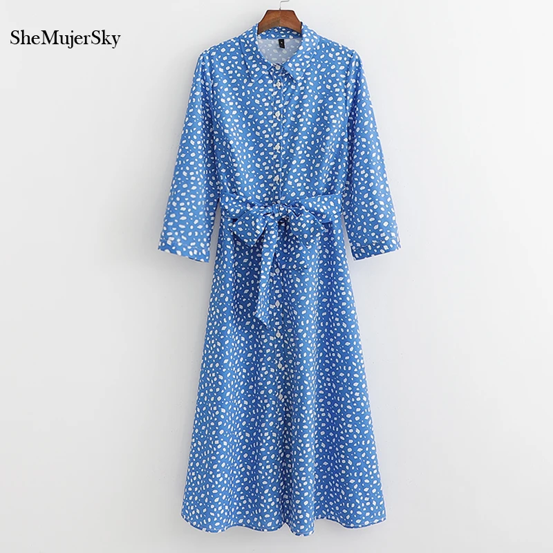 SheMujerSky голубое Свободное длинное платье с принтом, женское платье-рубашка с отложным воротником, халат longue femme
