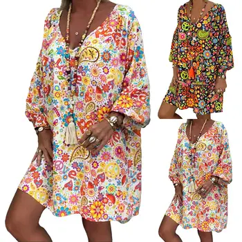 

Plus Size Fashion Women Floral Printed V Neck Long Sleeve Summer Mid Dress New Chic