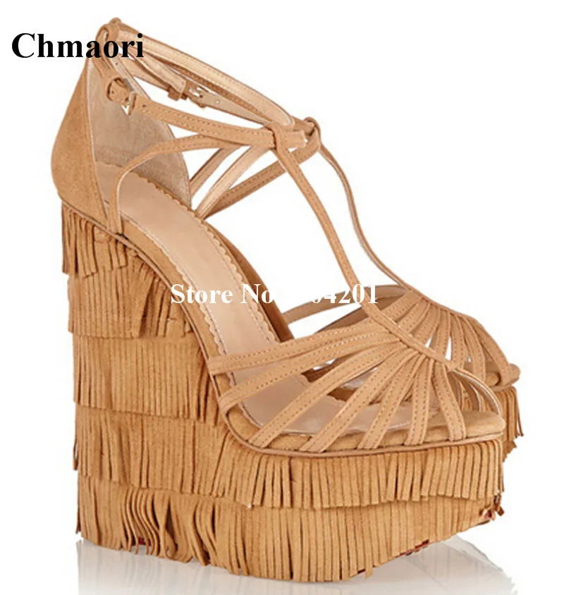 2018 New Arrival Women Sandals Fringe Open Toe Solid Color Sandals Ankle Strap High Wedge Heels Platform Shoes Party Dress Shoes alluring spaghetti strap fringe design pure color dress for women