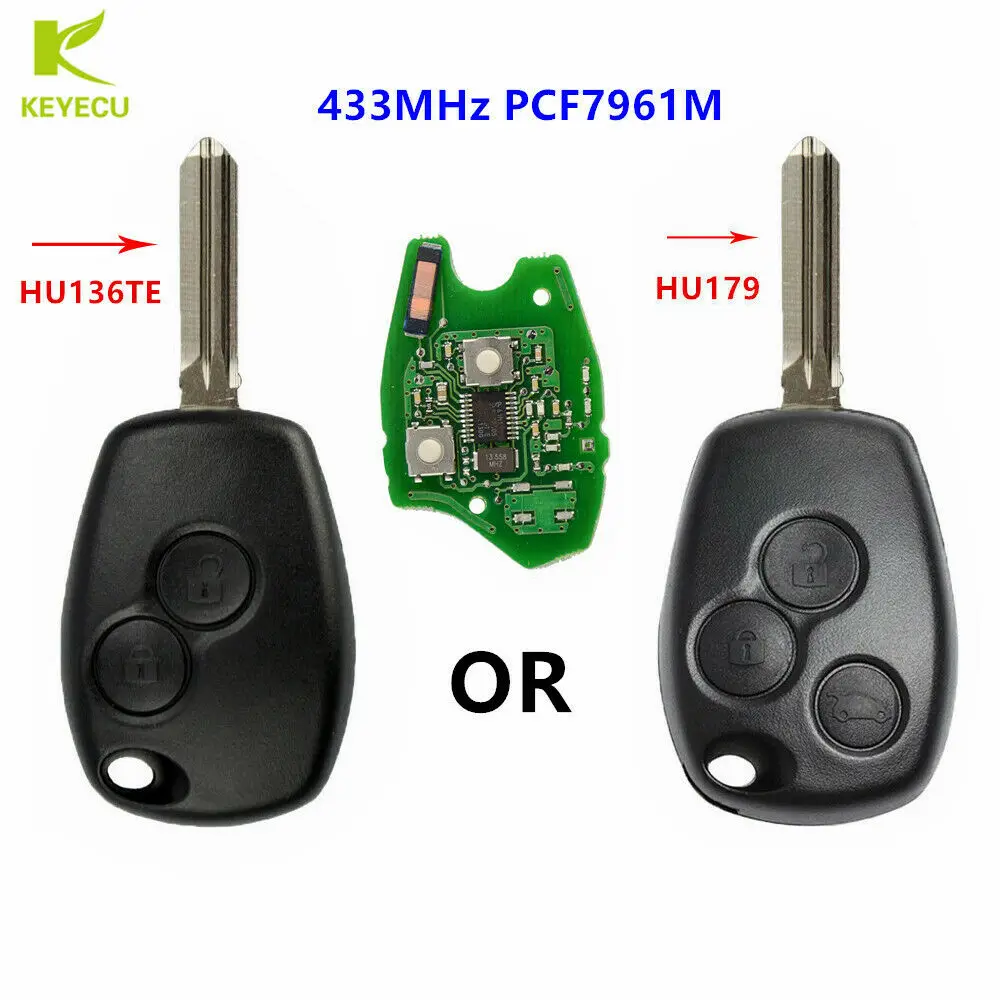 

KEYECU Replacement Remote Car Key 2/3 buttons 433MHz with PCF7961M HITAG AES Chip for Renault Uncut HU136TE Blade