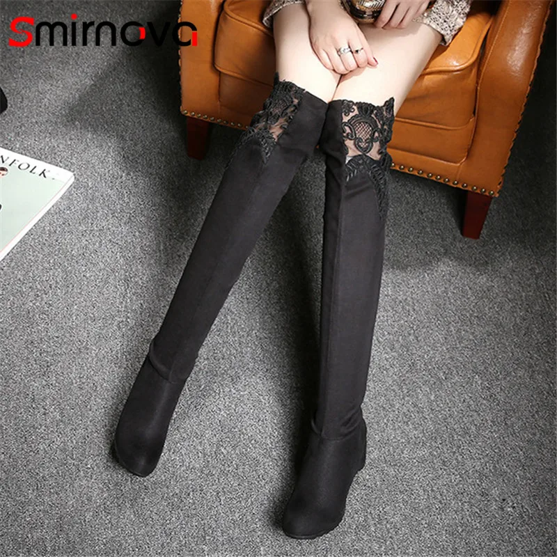 

Smirnova NEW fashion thigh high boots 2018 woman flock wedges boots high heel over the knee boots big size ladies shoes winter
