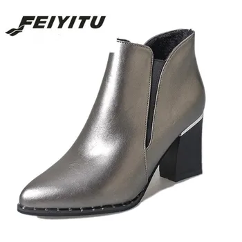 

feiyitu Woman Ankle Boots High heels Women Shoes Poined Toe Silver Heeled Pumps 2016 Winter Shoes Ladies Booties botas mujer