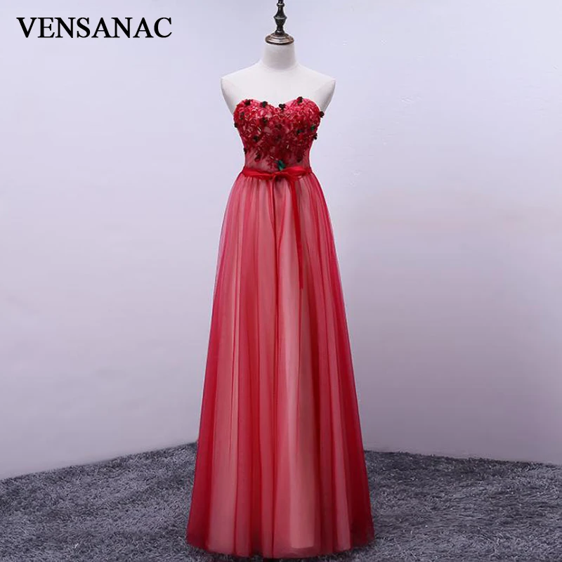 VENSANAC Strapless Crystal 2018 A Line Flowers Appliques Long Evening Dresses Lace Party Sash Backless Prom Gowns