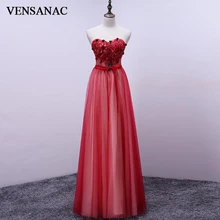VENSANAC Strapless Crystal 2018 A Line Flowers Appliques Long Evening Dresses Lace Party Sash Backless Prom Gowns