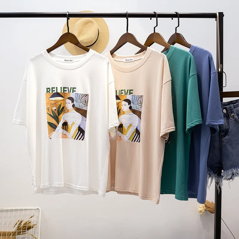 

Vintage Character Print T-shirt Women 2019 Summer Short-sleeve O Neck Loose Cotton Streetwear Boyfriend Harajuku Tee Shirt Femme