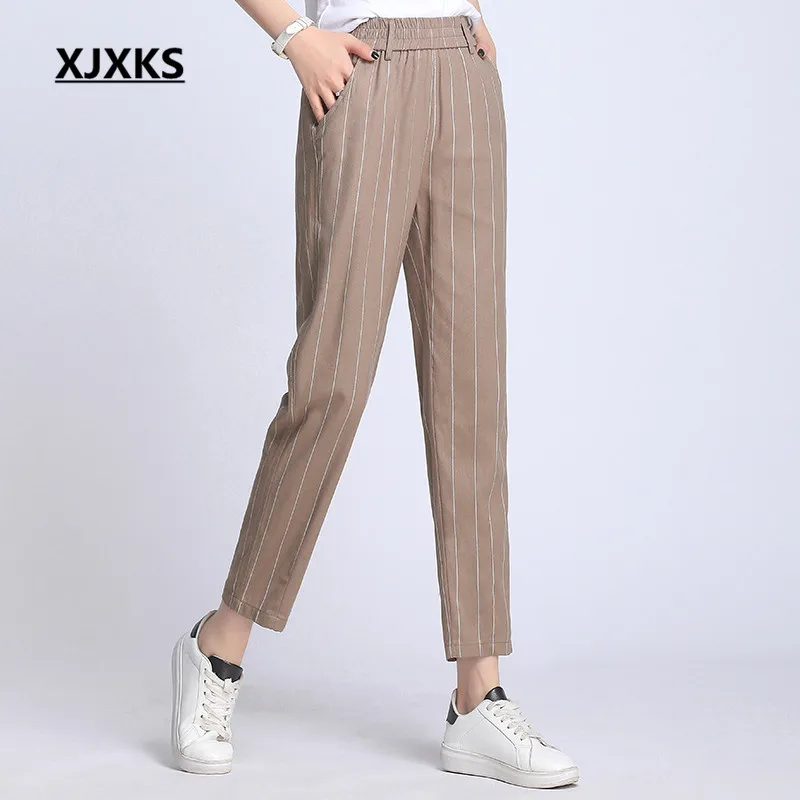 

XJXKS 2019 summer new women's nine pants loose plus size comfortable cotton linen high quality women's striped pants