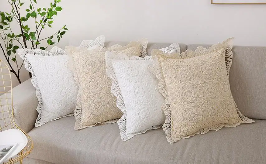 Handmade classilca floral crochet cushion cover hook flowers pillow case decorative throw lace border pillowcase Sofa