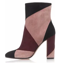 Весенние женские контраст Цвета геометрический Треугольники исправленными Ботильоны высокий толстый каблук разные цвета Короткие botines Большие размеры 44