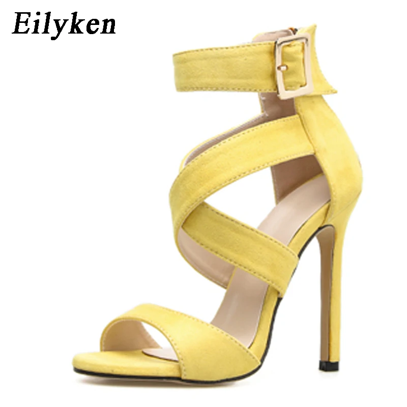 Eilyken/Новинка года; Летние босоножки; классические женские босоножки на ремешке с пряжкой; босоножки для вечеринок на тонком каблуке 11 см; цвет желтый, фиолетовый; Size35-40 - Цвет: yellow
