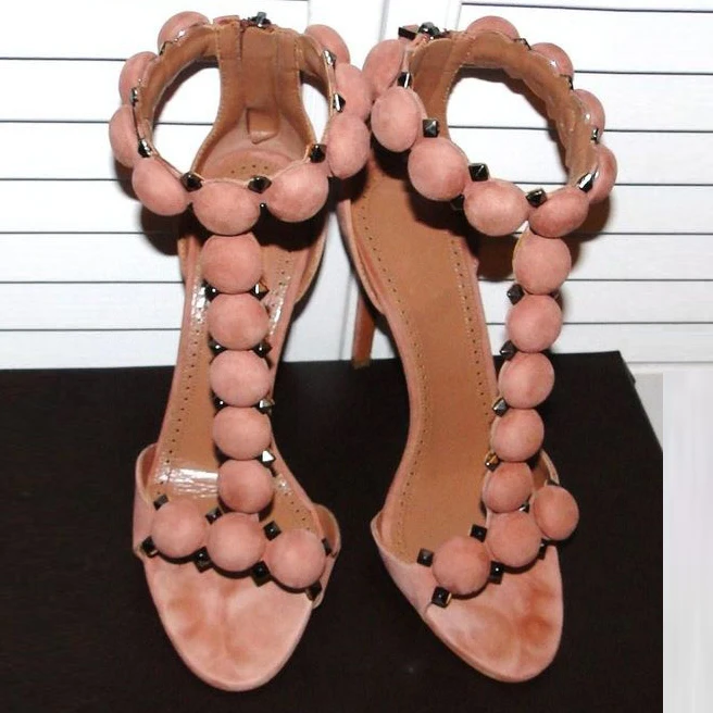 Qianruiti/розовые босоножки из искусственной замши на высоком каблуке в стиле Ким Кардашьян; женские туфли-лодочки с t-образным ремешком; женская обувь на тонком каблуке с заклепками и заклепками