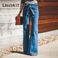 LOOZYKIT для женщин широкие брюки Деним Высокая талия джинсы для узкие брюки с поясом