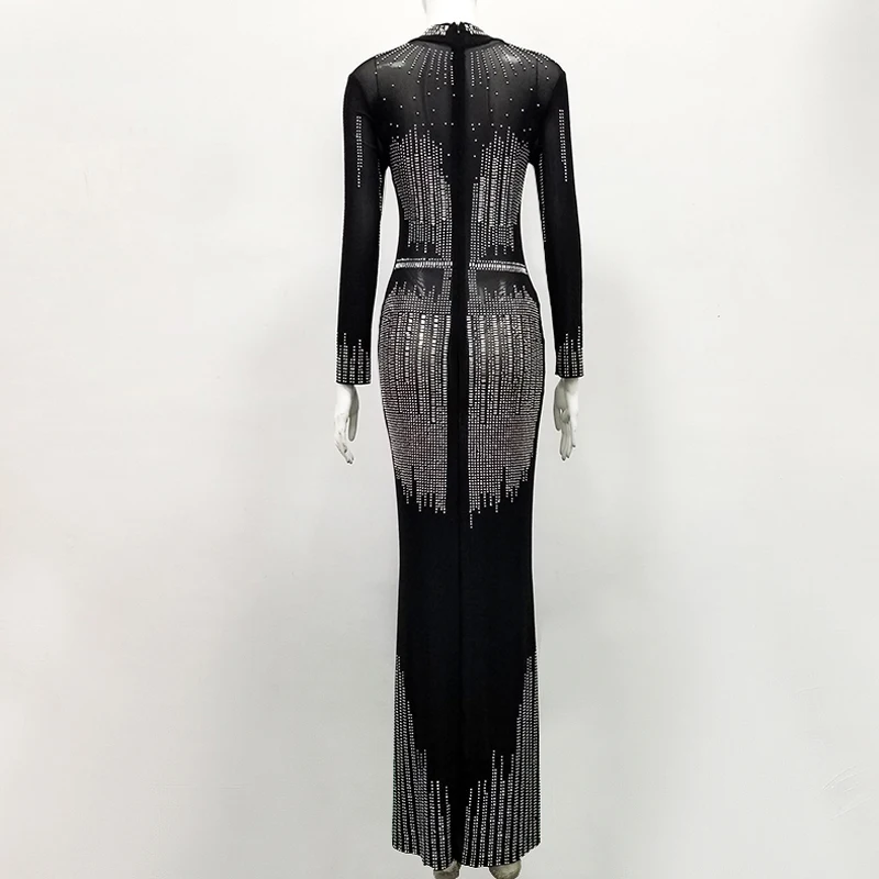 Новое поступление, модное черное Сетчатое платье с бусинами, высококачественное платье с длинными рукавами, вечернее платье знаменитостей, горячая распродажа