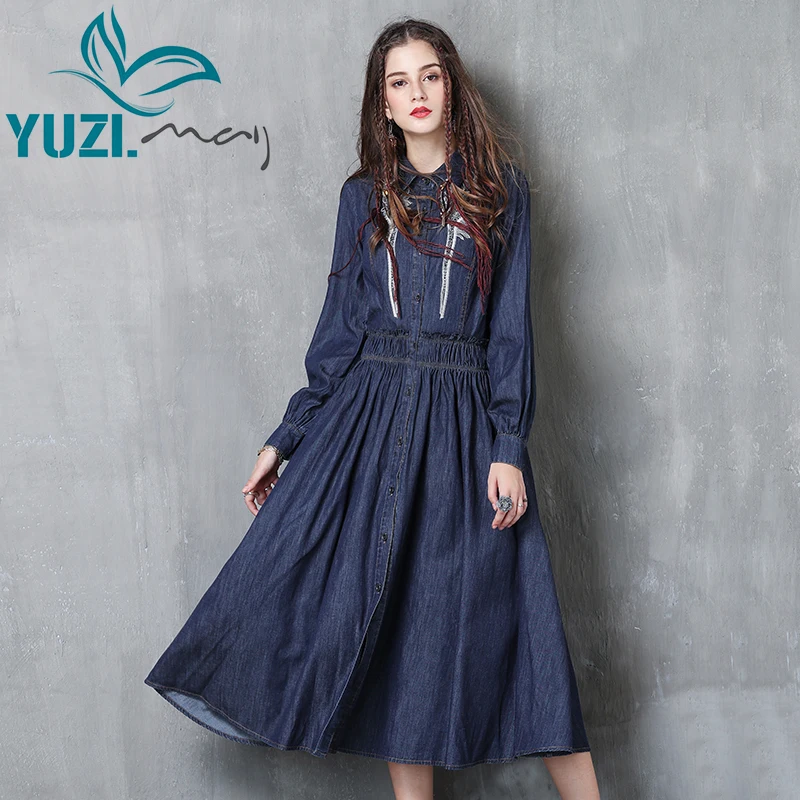 

Women Dress 2017 Yuzi.may Boho New Denim Vestidos Turn-down Collar Long Sleeve Flower Embroidery Elastic Waist Dresses A82063