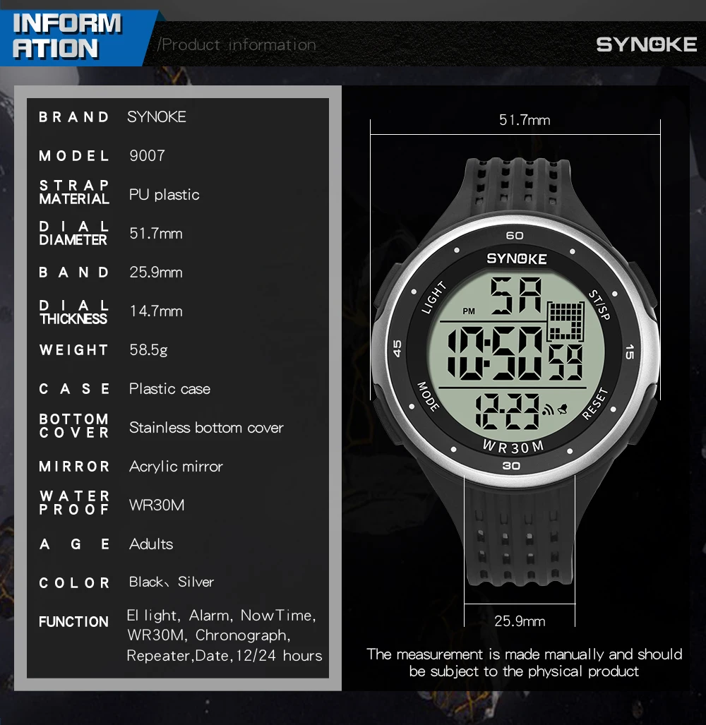 SYNOKE Mens Digital Watches Fahion Sport Fitness Watch G Shock Waterproof Watch Male Clock Watches Man Fashion Stopwatch