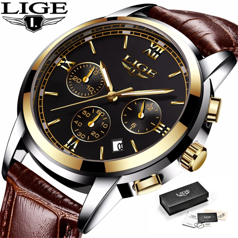 

Relogio Masculino LIGE Mens Watches Top Brand Luxury Leather Casual Quartz Watch Men Military Sport Waterproof Chronograph Watch
